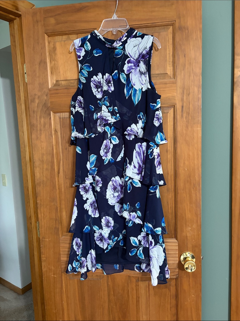 SLNY Navy Floral High-Low Ruffle Dress